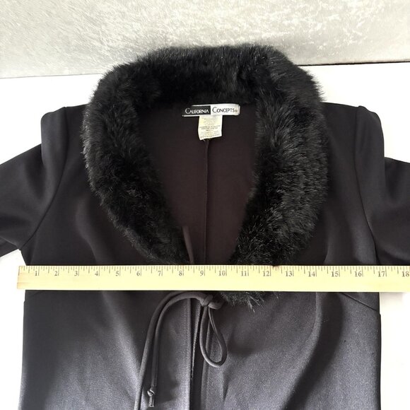 Vintage CALIFORNIA CONCEPTS Fur Collar Jacket Womens M Black 90s Long Tie Front - Picture 8 of 9